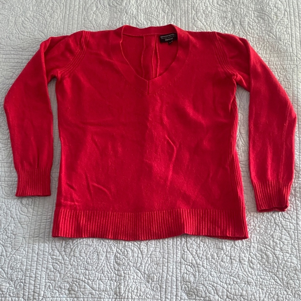 Banana Republic Bold Red V-Neck Sweater with Back Button Detail